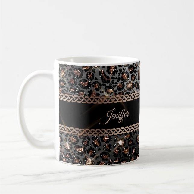 Personlig Trendig Leopard Black Guld Glitter     Kaffemugg (Vänster)