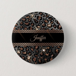 Personlig Trendig Leopard Black Guld Glitter Knapp