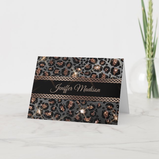 Personlig Trendig Leopard Black Guld Glitter Kort (Framsida)