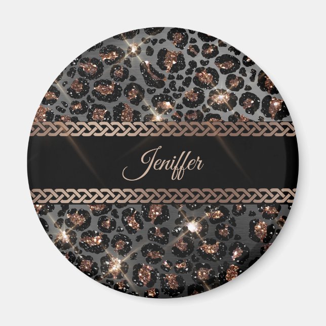 Personlig Trendig Leopard Black Guld Glitter Magnet (Framsidan)
