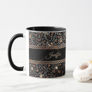 Personlig Trendig Leopard Black Guld Glitter     Mugg