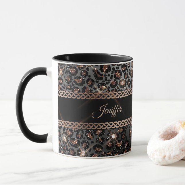 Personlig Trendig Leopard Black Guld Glitter     Mugg (Med munk)