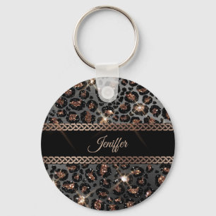 Personlig Trendig Leopard Black Guld Glitter Nyckelring