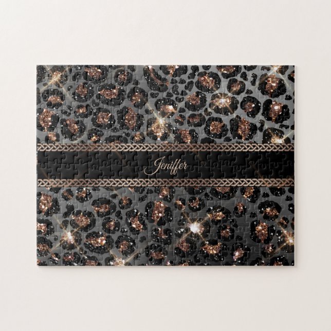 Personlig Trendig Leopard Black Guld Glitter    Pussel (Horisontell)