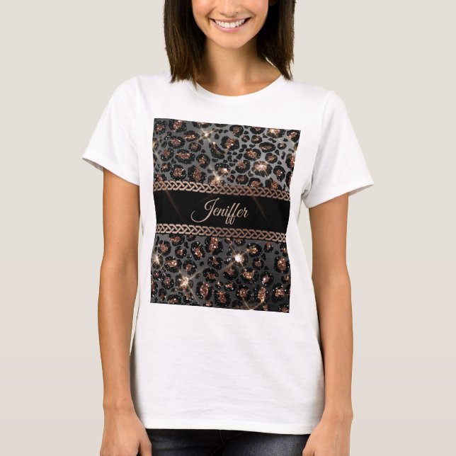 Personlig Trendig Leopard Black Guld Glitter     T Shirt (Framsida)