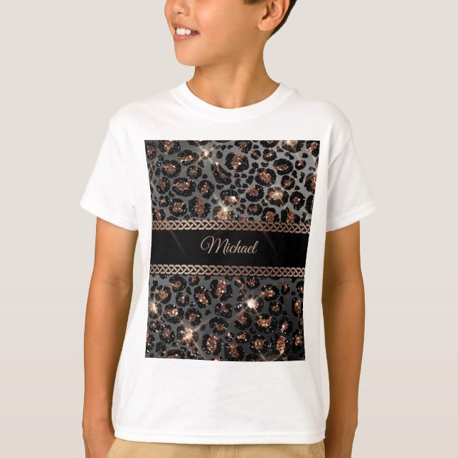 Personlig Trendig Leopard Black Guld Glitter T Shirt (Framsida)