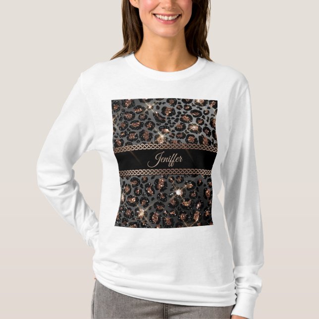Personlig Trendig Leopard Black Guld Glitter     T Shirt (Framsida)