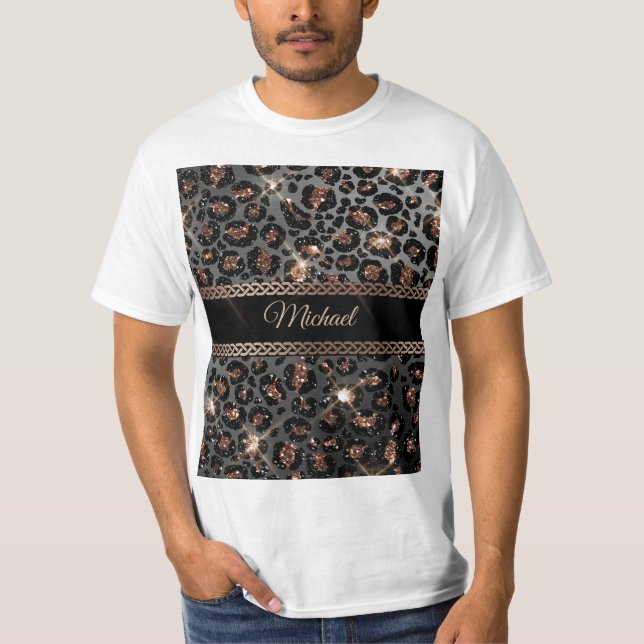 Personlig Trendig Leopard Black Guld Glitter     T Shirt (Framsida)
