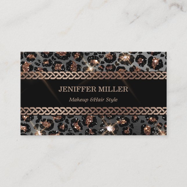 Personlig Trendig Leopard Black Guld Glitter     Visitkort (Framsida)