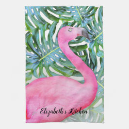 Personlig Trendig Rosa Flamingo Tropical Löv Kökshandduk