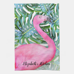 Personlig Trendig Rosa Flamingo Tropical Lövs Kökshandduk