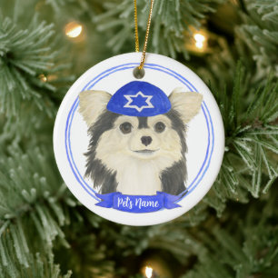 Personlig Tricolor Chihuahua Hanukkah Julgransprydnad Keramik