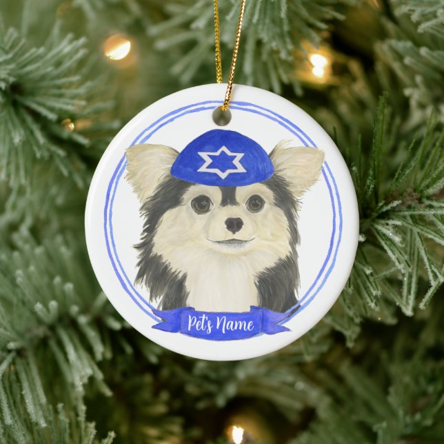 Personlig Tricolor Chihuahua Hanukkah Julgransprydnad Keramik (Träd)