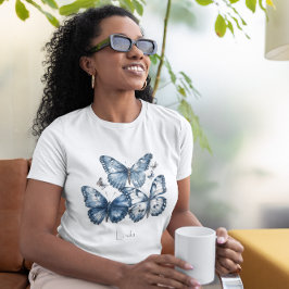 Personlig trippel fjärilskonst med namn i blått t shirt