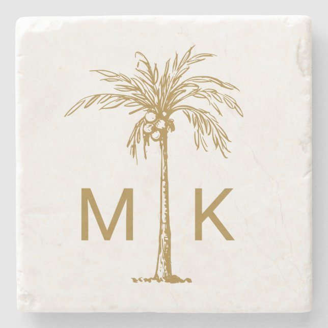 Personlig Tropical Guld Handflatan Träd Monogram Stenunderlägg (Framsidan)