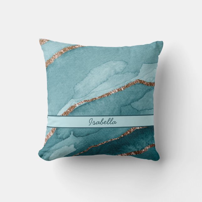 Personlig Turcos Teal Guld Marble Agate Kudde (Framsida)