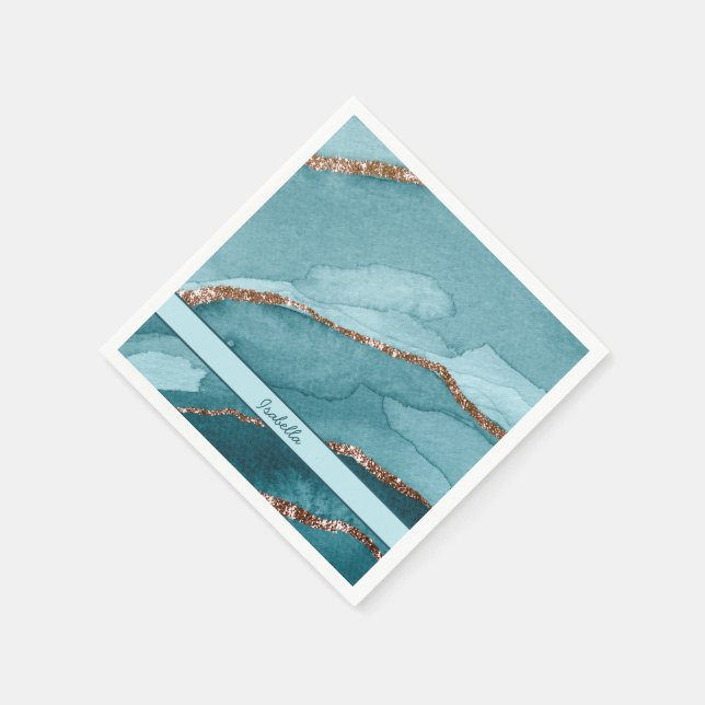 Personlig Turcos Teal Guld Marble Agate Pappersservett (Hörn)