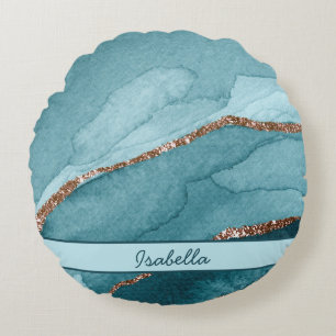 Personlig Turcos Teal Guld Marble Agate Rund Kudde