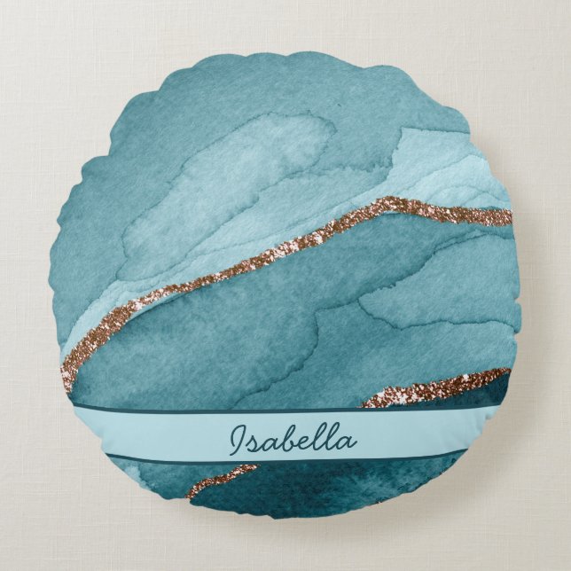 Personlig Turcos Teal Guld Marble Agate Rund Kudde (Framsidan)