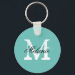 Personlig turkos Blue namn monogram keychain Nyckelring<br><div class="desc">Personlig turkos blåa namn monogram-nyckelkedja. Vintage initial brev med elegant skripttypografi. Cute-favorithjälp för kvinnor och flickor i trendiget. Gör din egen monogrammerade present till snyggt bröllop, möhippa, bachelorette, tjejer helg, förlovning, årsdag, födelsedag osv. Roligt för brud att vara, brudgumm, maid of honor, blomma, budens mamma, mor i groomen osv. Aqua...</div>