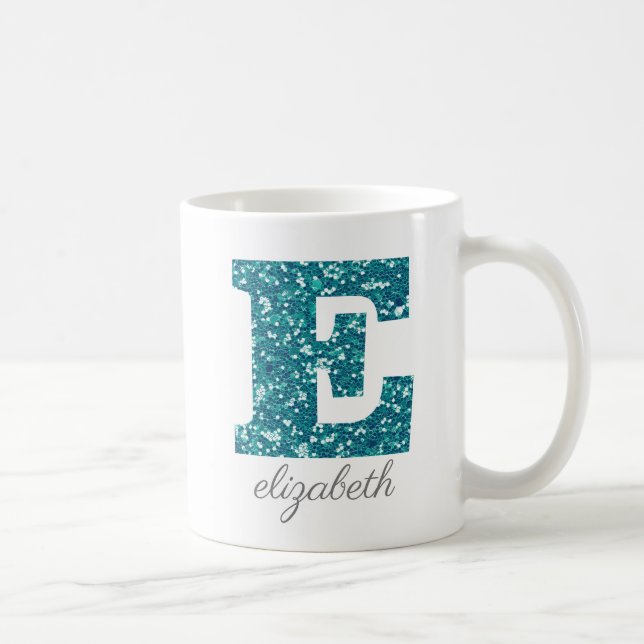 Personlig turkos glittermonogram E Kaffemugg (Höger)