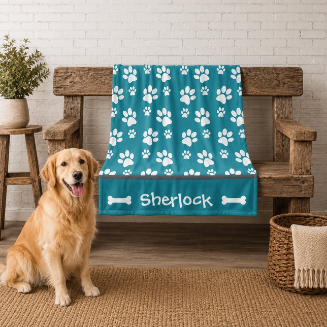 Personlig turkos hundfilt - valppresent  fleecefilt (personalized teal dog blanket)
