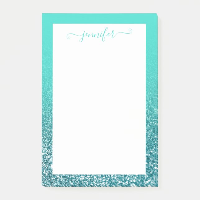 Personlig Turquise och Teal Glitter Ombre Post-it Block (Framsida)