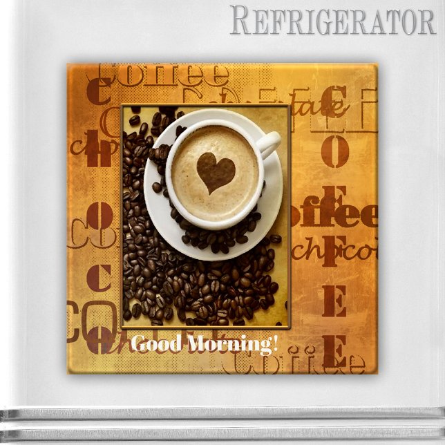 Personlig Typografi - fotomagnet i kaffe Älskare Magnet (Photo magnet showing your own favorite picture on a typography retro style design with coffee texts)
