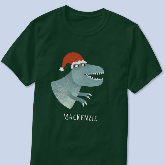 Personlig Tyrannosaurus Rex jul Santa hatt T Shirt (Fun personalized name text Tyrannosaurus Rex in a Christmas Santa hat t-shirt)