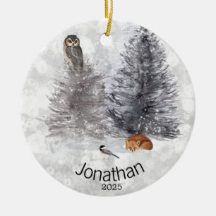 Personlig Uggla Bird Fox Winter Cabin Julgransprydnad Keramik