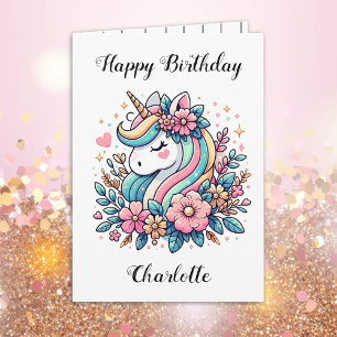 Personlig Unicorn and Flowers Girl Birthday Kort