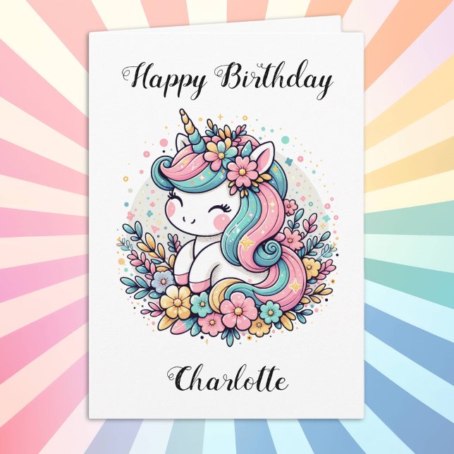 Personlig Unicorn and Flowers Girl Birthday Kort (Skapare uppladdad)