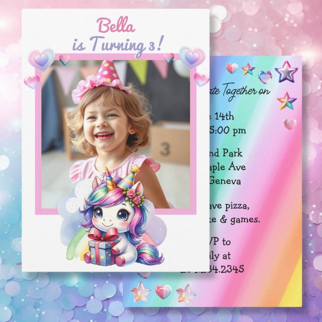 Personlig Unicorn and Photo Girl's Birthday Inbjudningar (Skapare uppladdad)