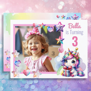 Personlig Unicorn and Photo Girl's Birthday Vykort