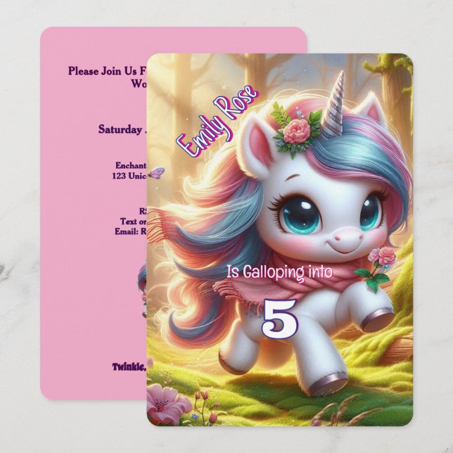 Personlig Unicorn Birthday-inbjudningar Inbjudningar (Fram/baksida)