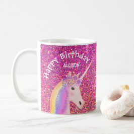 Personlig Unicorn Birthday Rosa Glitter Kaffemugg