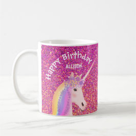 Personlig Unicorn Birthday Rosa Glitter Kaffemugg