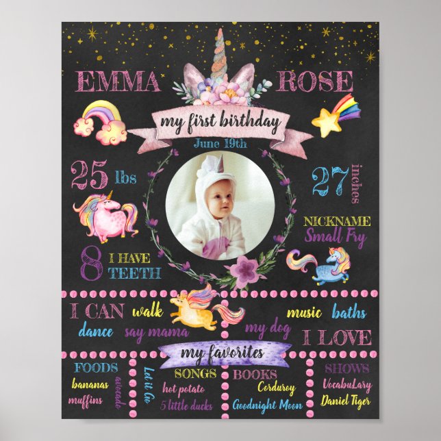 Personlig Unicorn First Birthday Poster (Framsidan)