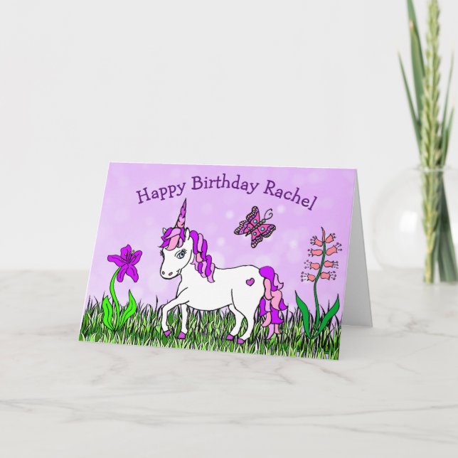 Personlig Unicorn, Flowers, Butterfly Birthday Kort (Framsida)