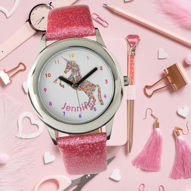 Personlig UNICORN Girls vaktar ROSA GLITTER Armbandsur (Skapare uppladdad)