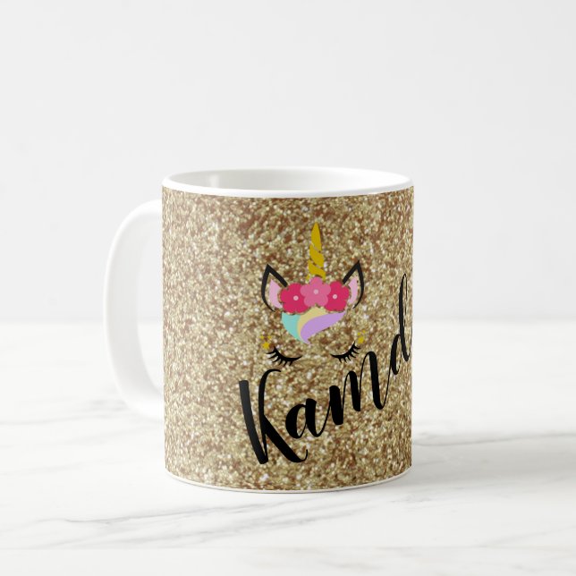 Personlig Unicorn Guld Glitter Coffee Mugg (Framsida vänster)
