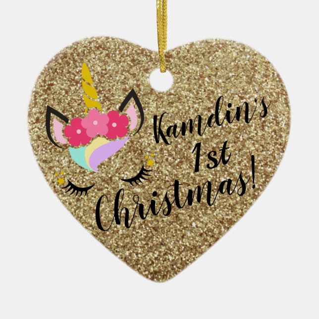 Personlig Unicorn Guld Glitter JULAFTON Ornament (Framsidan)