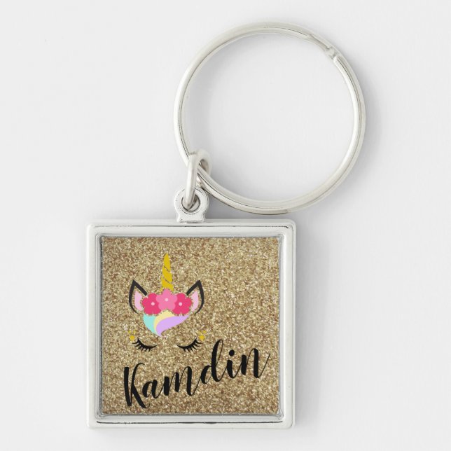 Personlig Unicorn Guld Glitter Nyckelring (Framsidan)