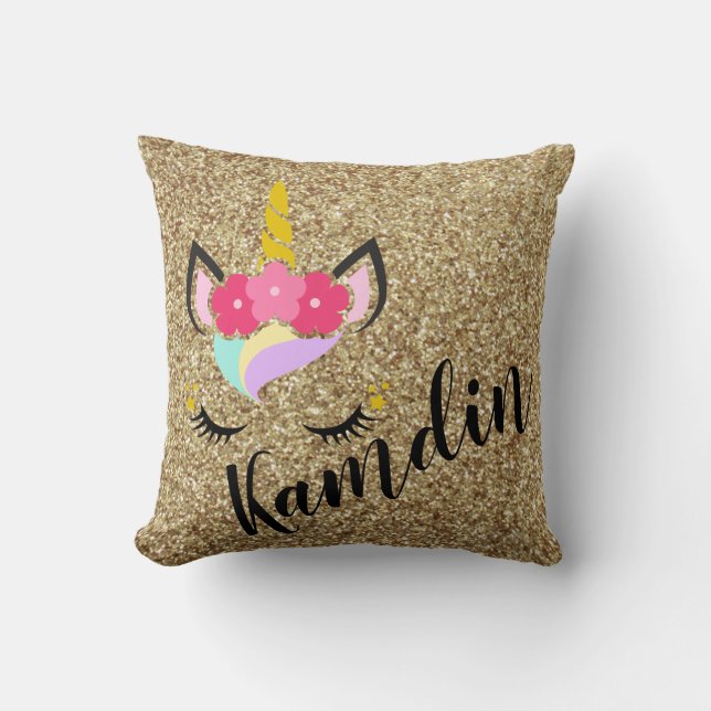 Personlig Unicorn Guld Glitter Pillow Kudde (Framsida)