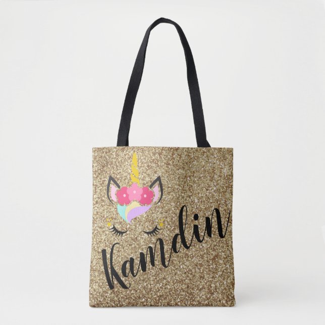 Personlig Unicorn Guld Glitter Tote Bag Tygkasse (Framsida)