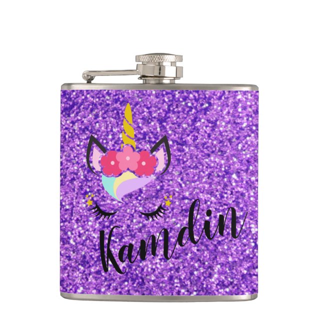 Personlig Unicorn Lila Glitter-kolv Fickplunta (Framsidan)