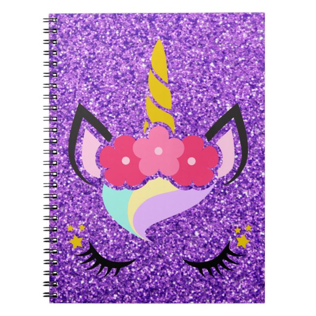 Personlig Unicorn Lila Glitter Note Bok Anteckningsbok (Framsidan)