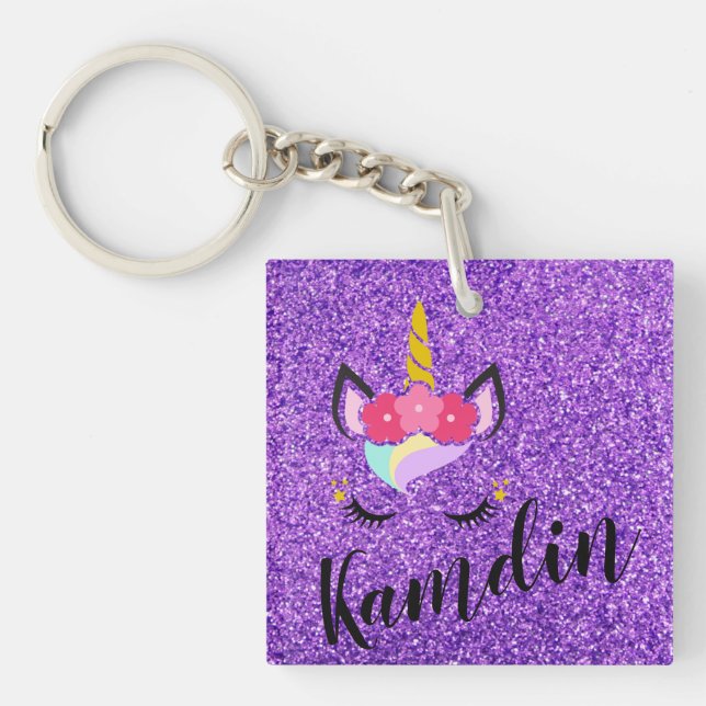 Personlig Unicorn Lila Glitter Nyckelring (Framsidan)