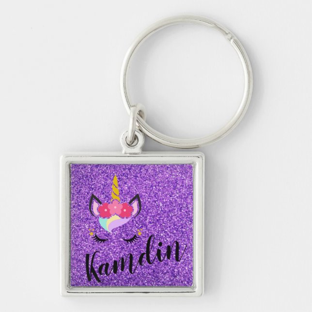 Personlig Unicorn Lila Glitter Nyckelring (Framsidan)