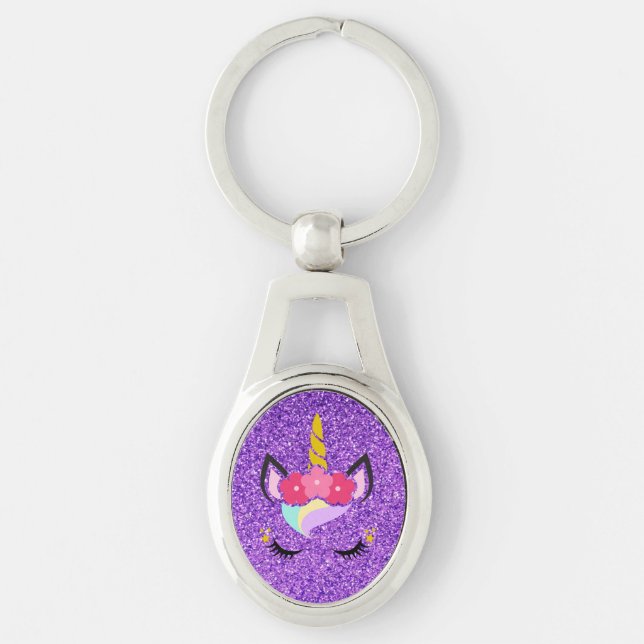 Personlig Unicorn Lila Glitter Nyckelring (Framsidan)